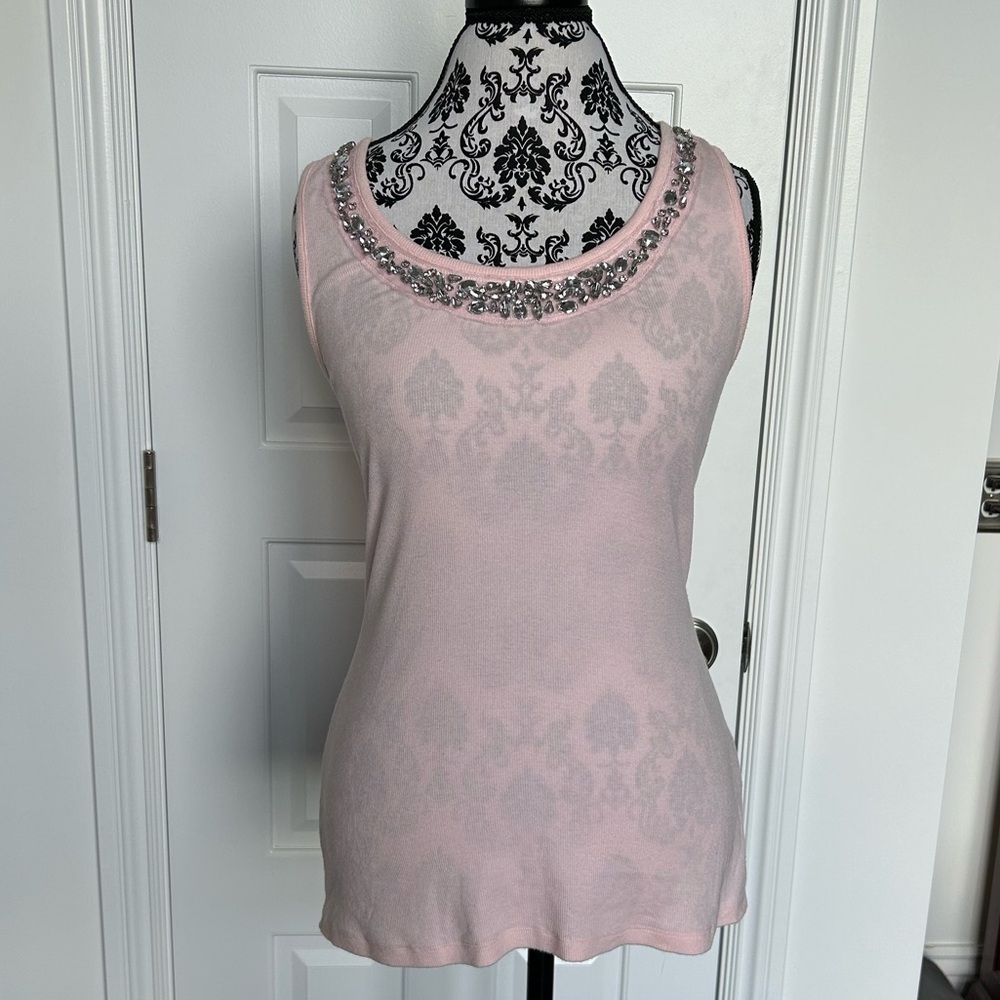INC International Concepts pink ribbed tank with rhinestone scooped neckline